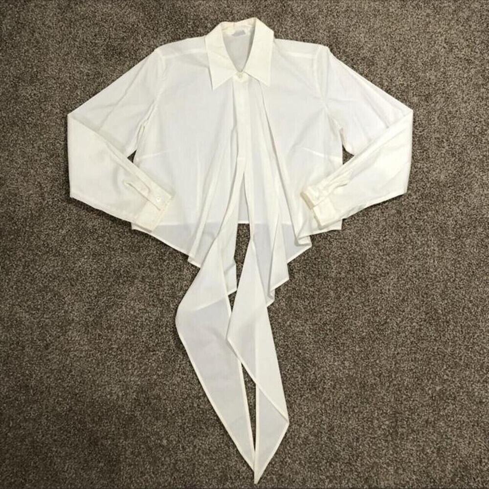 Vintage Size 12 White Long Sleeve Button Up Tie Knot Collared Blouse *flawed*